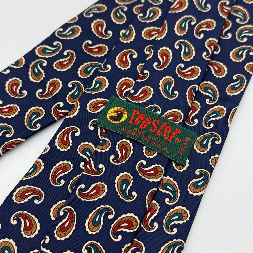 Rooster Mens Silk Tie Navy Blue Paisley Pattern Made in USA 3.75 Inch Width - Picture 7 of 10
